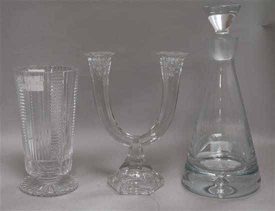 A cut glass vase, a decanter and a candelabra